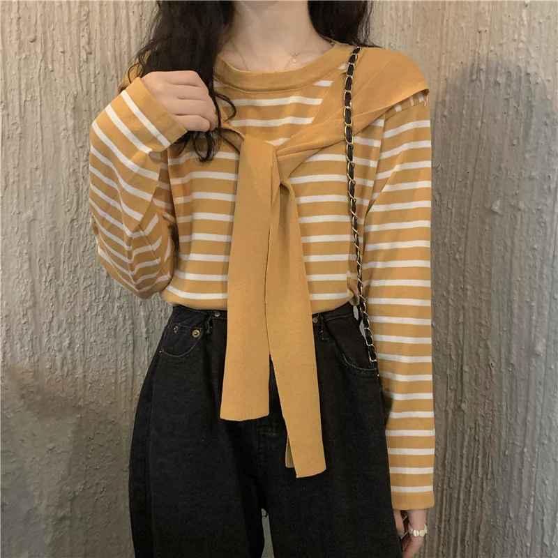 Осенняя футболка в Корейском стиле новинка 2021 просторный пуловер из двух частей