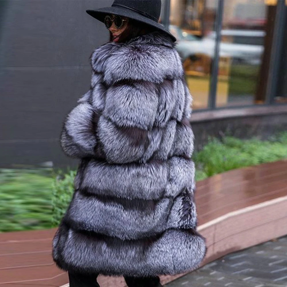 Fashion Long Silver Fox Fur Coat Natural Women High Quality Whole Skin Genuine Fox Fur Coat Stand Collar Warm Fur Overcoat 2022