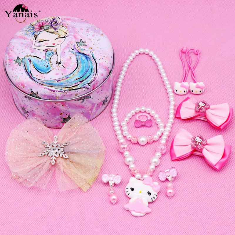 Милые детские аксессуары для волос hello kitty, набор повязок на голову, заколки для волос, повязка на голову, ожерелье, браслет, ювелирный набор, подарок на день рождения для девочек