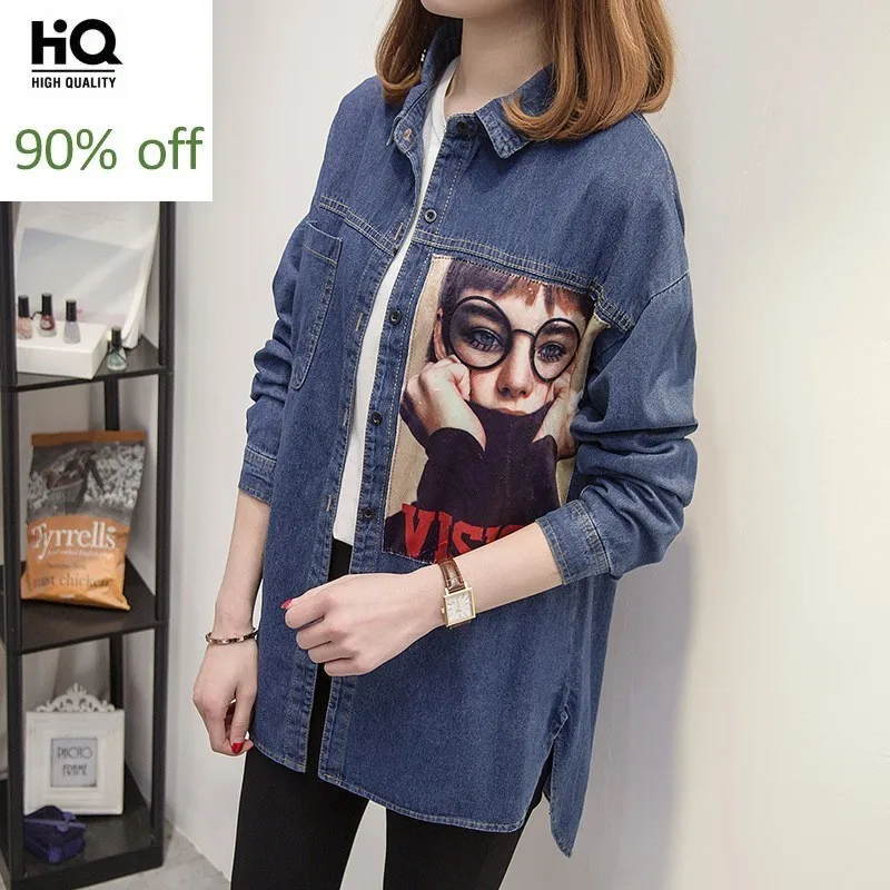 Весна 2020 новинка Женская длинная джинсовая рубашка готический стиль с принтом