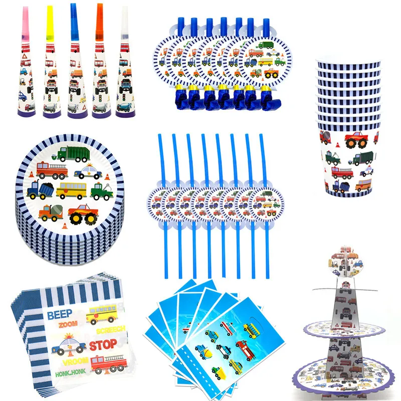 Набор одноразовой посуды в строительном инженерном автомобиле бумажные тарелки