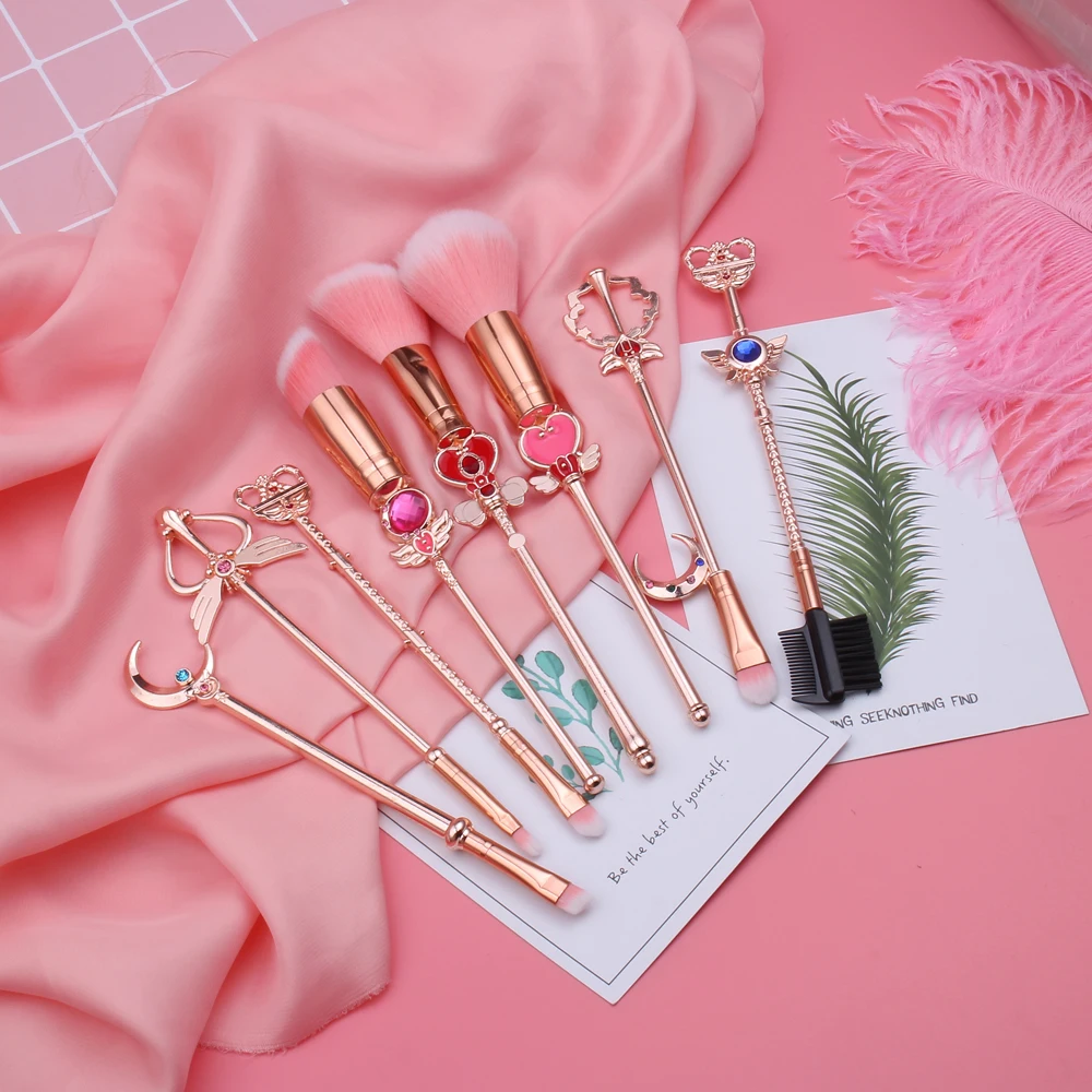 rose gold 8pcs Хит, Сейлор Мун, косметическая кисть, набор кистей для макияжа, 8 шт., набор инструментов, подводка для глаз, шейдер, основа, пудра, натуральные синтетические розовые волосы - Handle Color: rose gold 8pcs