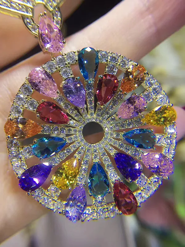 Hot famous brand jewelry big round coin rainbow color stone pendant necklace women fashion cubic zirconia muti party bijou | Украшения и