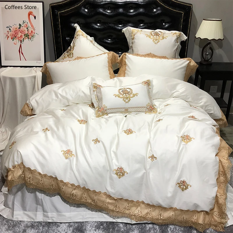 

Oriental Embroidery Luxury Royal Bedding Set Egypian Cotton Lace Golden White Queen King Bed Set Bedlinen Sheet Duvet Cover Set