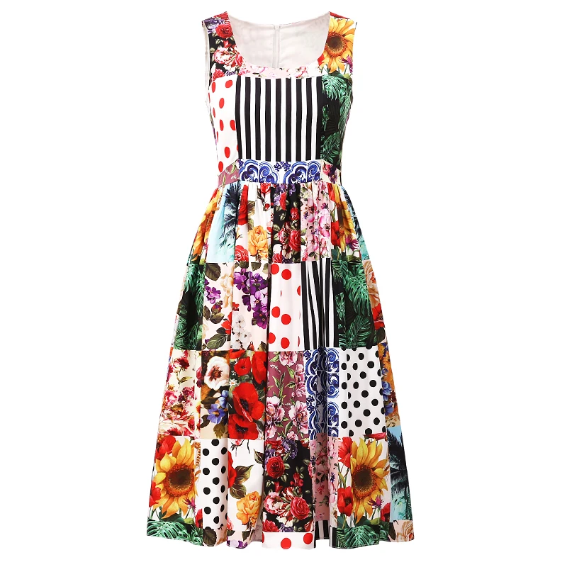 

DIDABOLE Beach Style Summer New Women'S Party Vacation Casual Print Patchwork Elegant Vintage Fashion Vest Dress