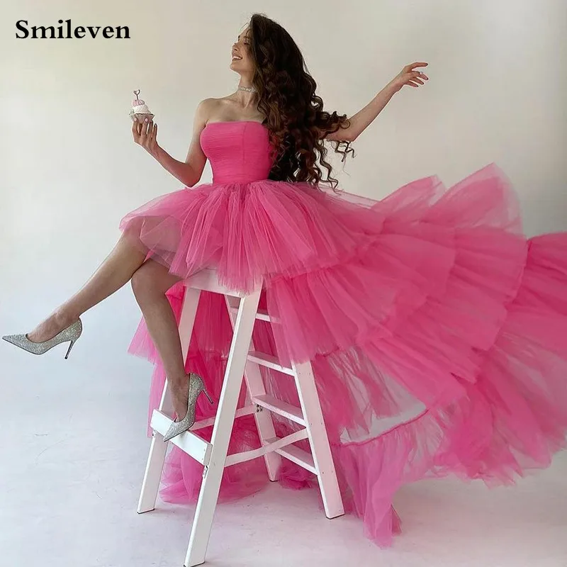 

Smileven Pink Ruffles Tulle Prom Dress Strapless High Low Tiered Evening Party Dresses 2021 A Line Peats Special Occasion Gowns