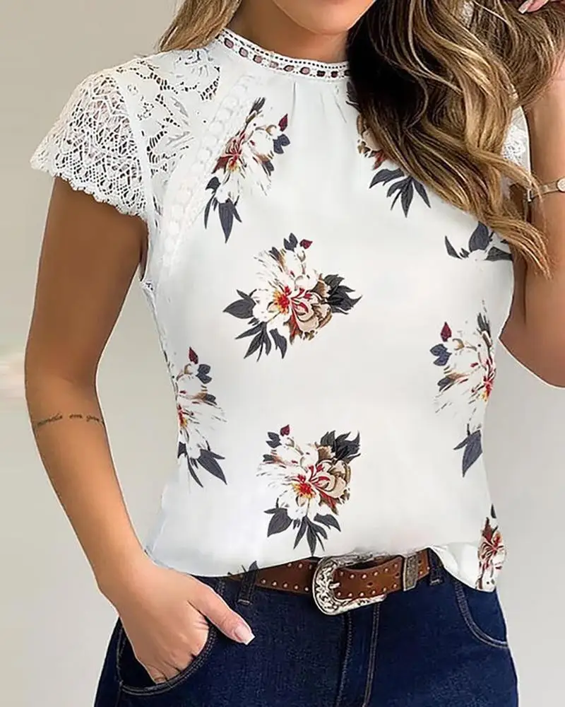 Женская летняя обувь Цветочный принт Кружевная блуза с короткими рукавами