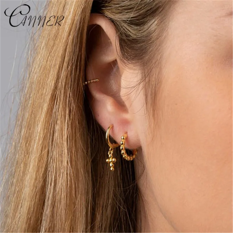 

CANNER 925 Sterling Silver Women Men's Cross Earring Mini CZ Earring Cross Gothic Punk Rock Style Pendientes Mujer 2021 Trend