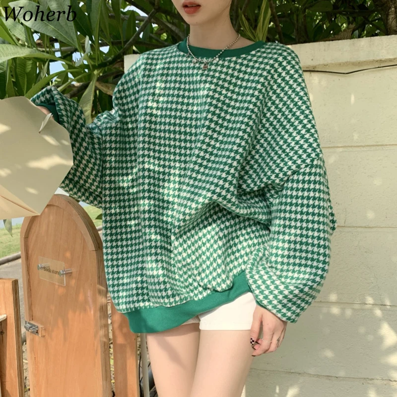 Woherb Корейская толстовка женские модные клетчатые пуловеры с круглым вырезом и