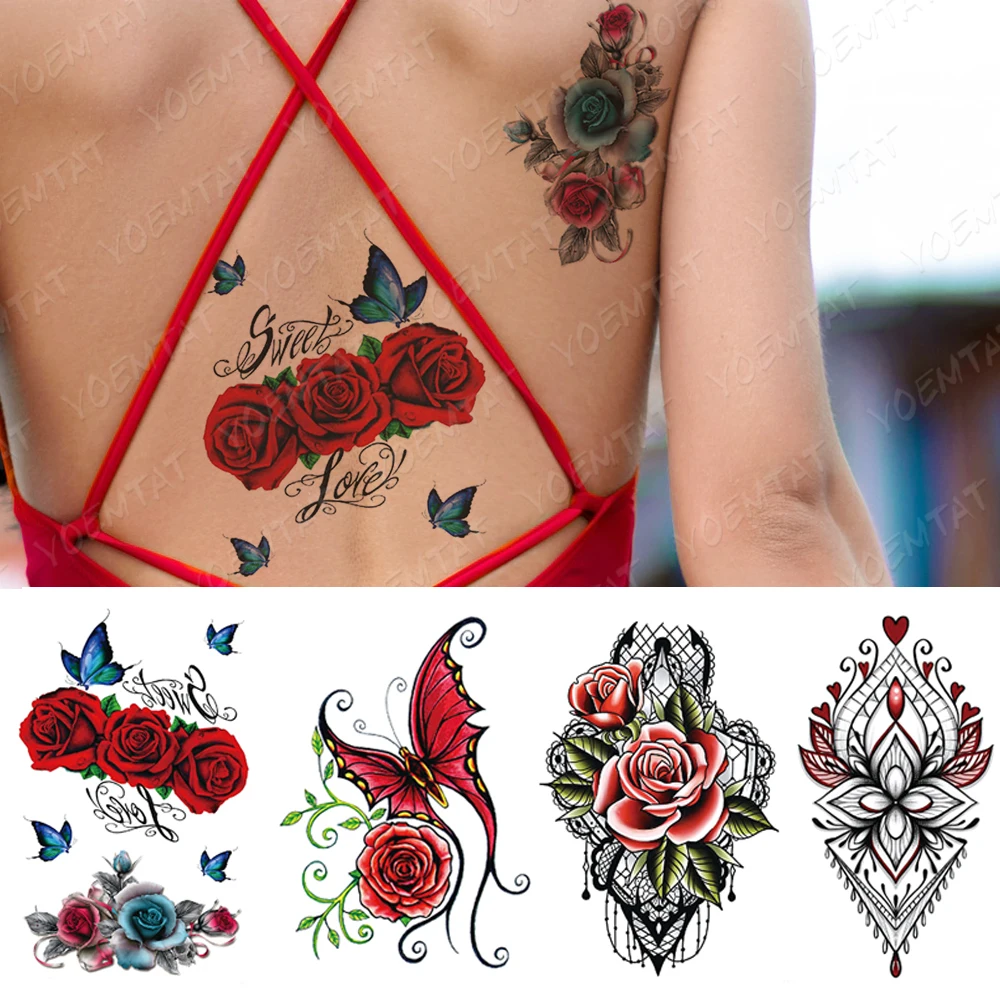 Водостойкая Временная тату-наклейка Бабочка пистолет роза кружевные цветы