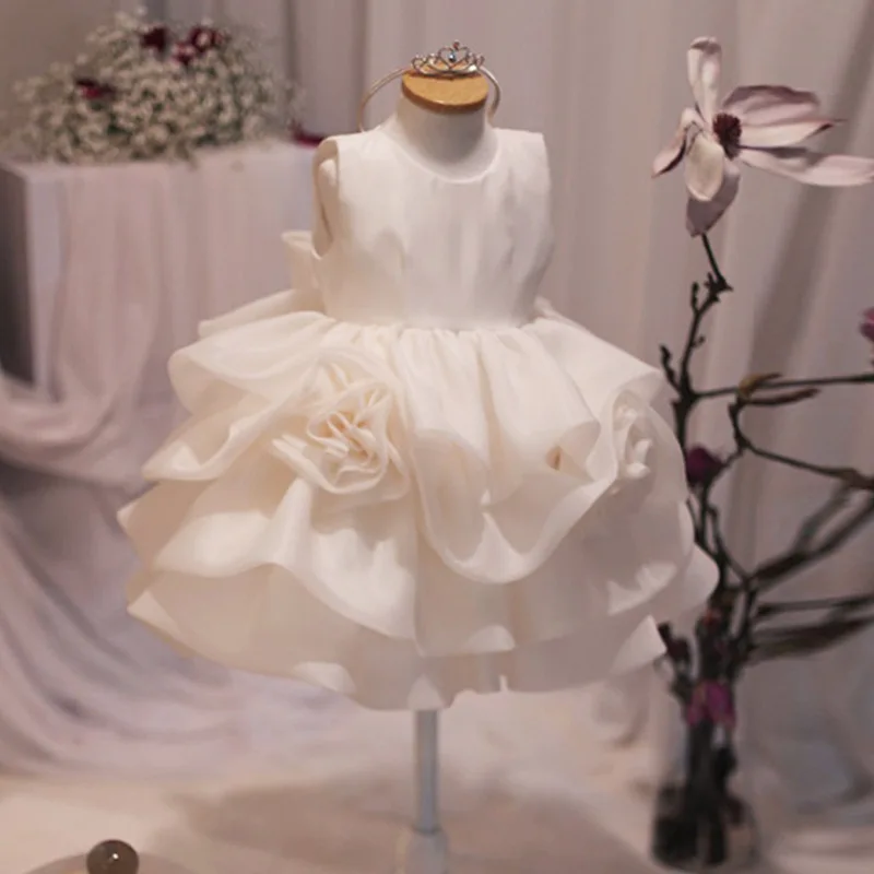 

Белое кружевное платье для девочек детская одежда с цветочным принтом для девочек, платье на крестины для девочек Слои без рукавов для крещ...