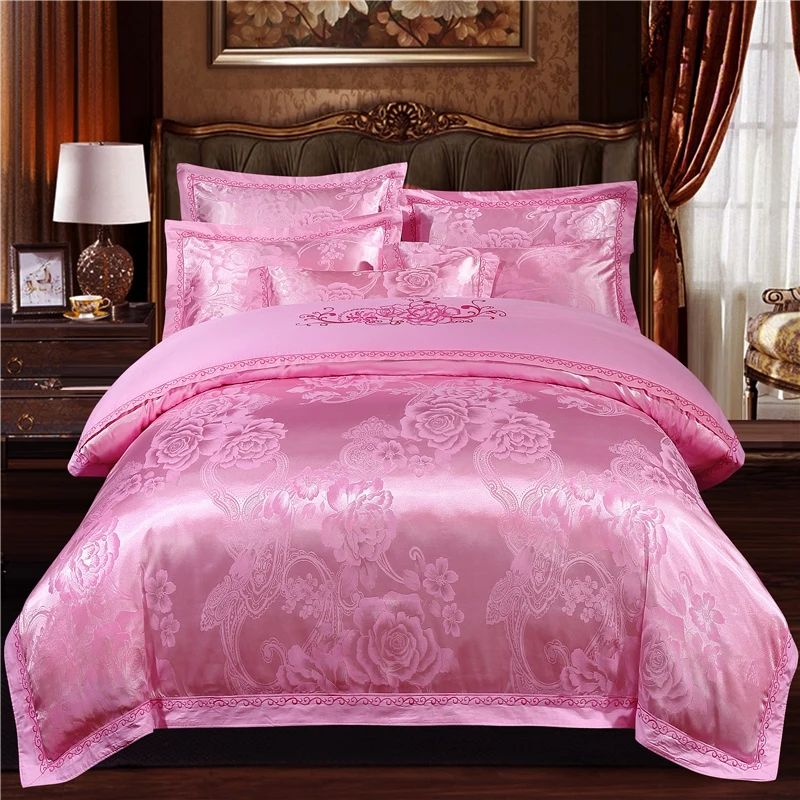 

Luxury Jacquard Bedding Sets Pink Comfort A/B High-End Embroidery Duvet Cover Pillowcase Home Flat Bed Sheet Queen King Size