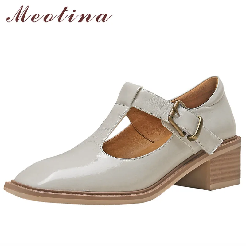 

Meotina Real Leather Mary Janes Shoes Woman Pumps Square Toe High Heels Buckle T-tied Shoes Chunky Heel Ladies Footwear Spring