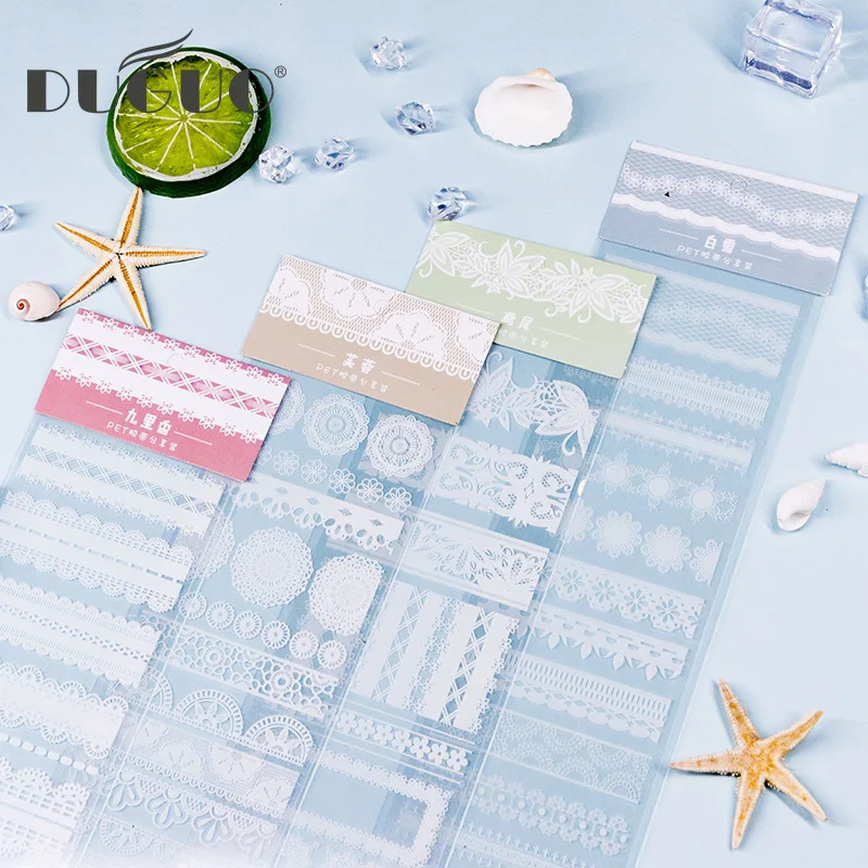 DUGUO cute stationery single strip PET tape white lace series small fresh hand decoration material stickers kawaii supplies | Канцтовары