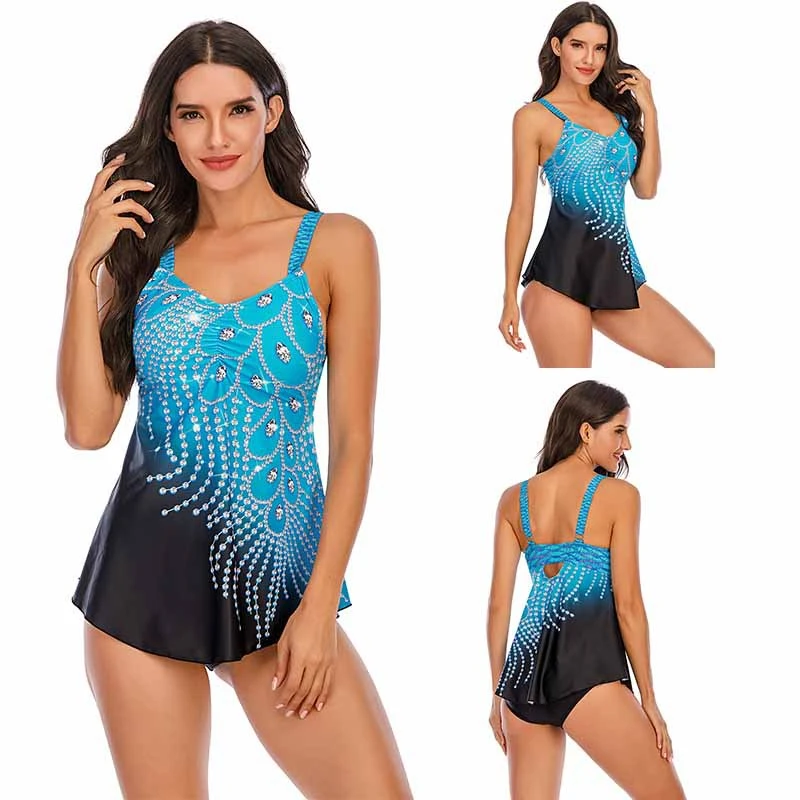 

2020Two Pieces Swimsuit Women Peacock Swimwear Bikinis Bathing Swim Suit Mayo Biquini Maillot De Bain Plus Size 8XL Beach Dress