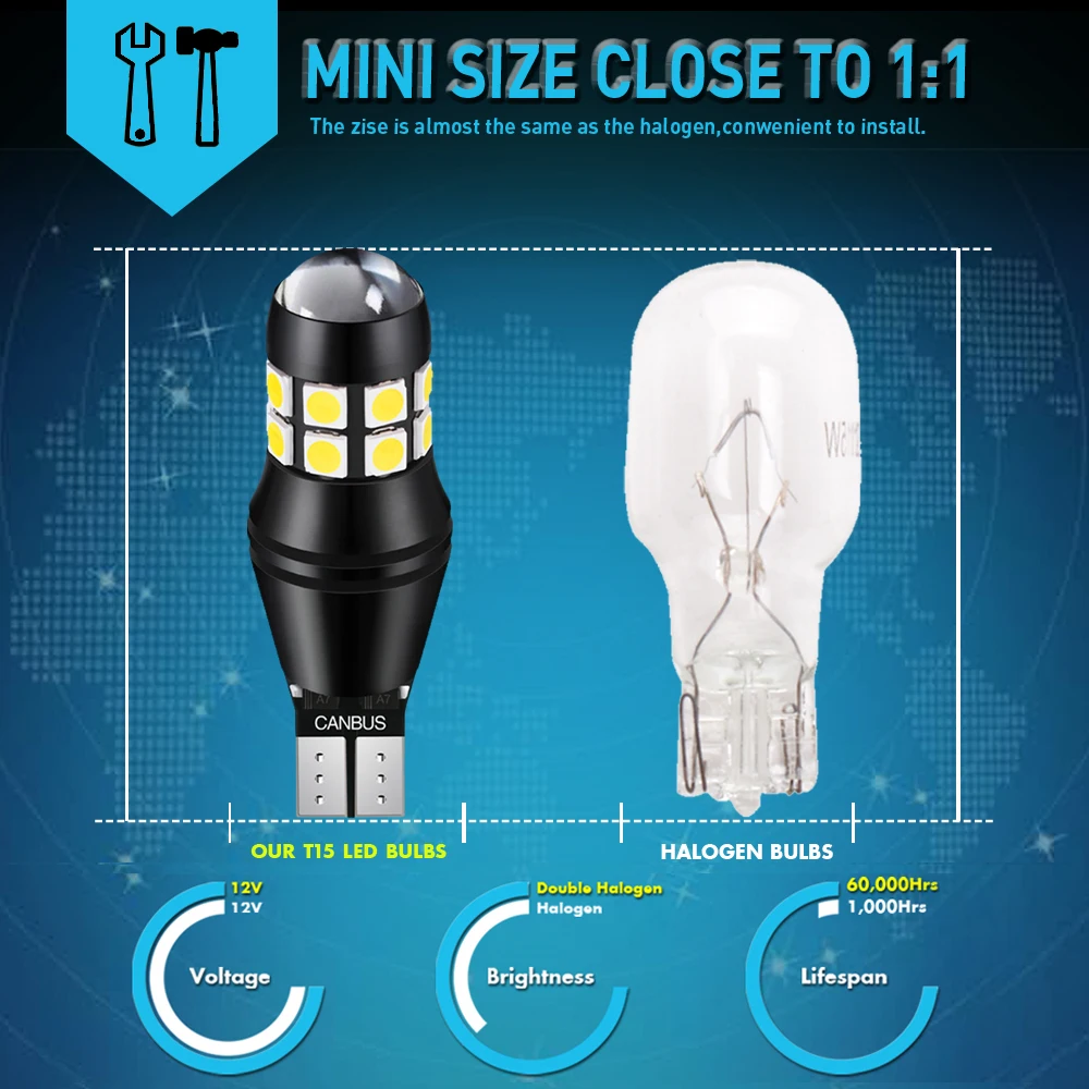 2x T15 W16W светодиодный лампы Canbus 920 921 20SMD 3030 белый 12 В светодиодные резервсветильник