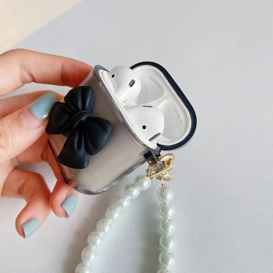 

For AirPods Case Cute Bow-knot Translucent Earphone Case For AirPods 2 3 AirPods Pro Protect Earphones Cover with Pearl Chain
