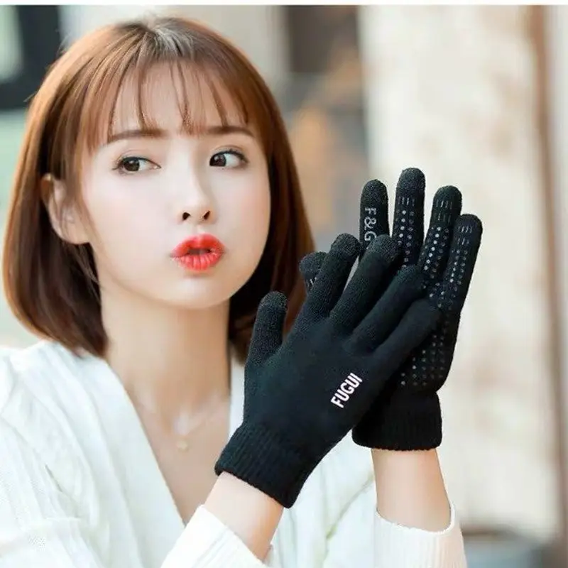 

Touch Screen Gloves Men's Anti Slip Driving In Autumn And Winter Female Students Knitting Wool Lovers Plush Warm Ri