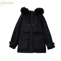 plus size womens cotton quilted coat jacket fur collar commuter with hood korean solid color cardigan loose long sleeved