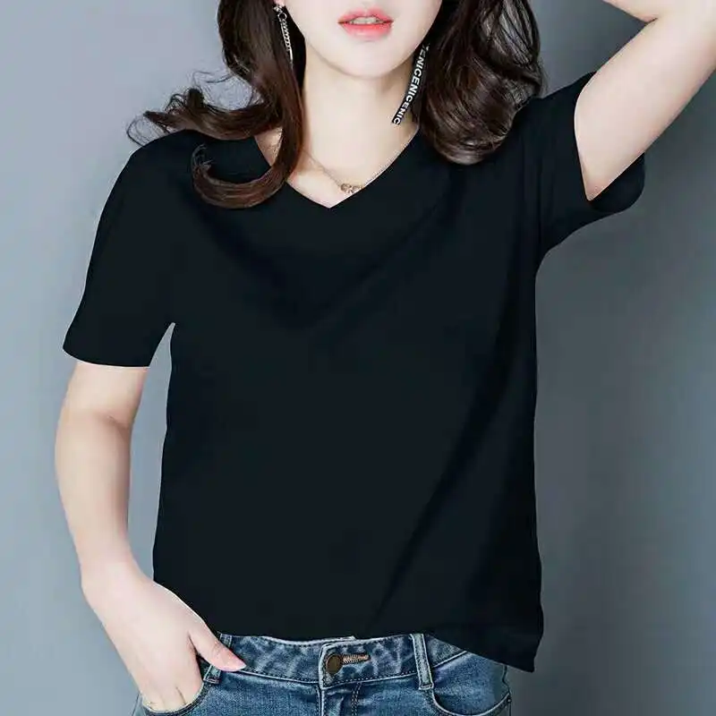 Женская хлопковая футболка с коротким рукавом и V-образным вырезом | одежда