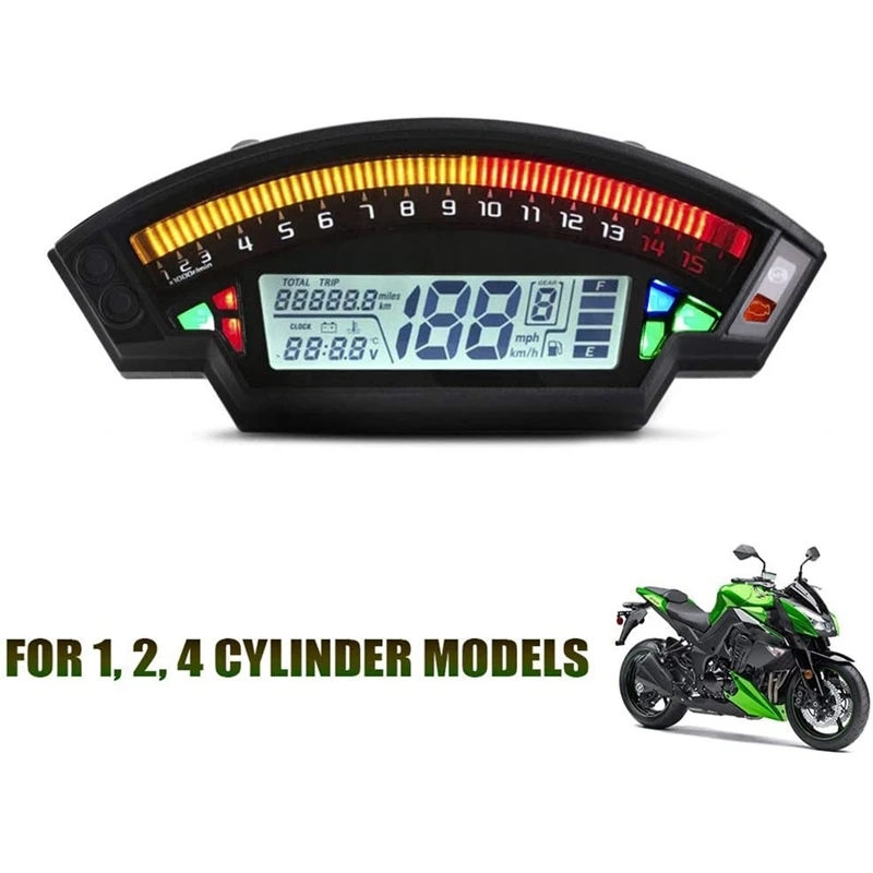 

Motorcycle Universal Lcd Digital Speeeter 14000Rpm 6 Gear 199Km/H Backlight Oeter for 1,2,4 Cylinders Meter