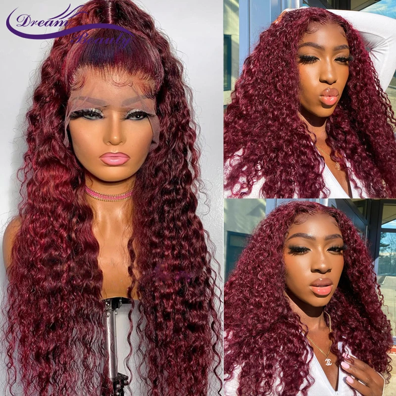 Burgundy #99J Curly Human Hair Wigs For Women Pre Plucked 13x4 Lace Front Human Hair Wigs 4x4 Lace Closure Brazilian Remy Wigs