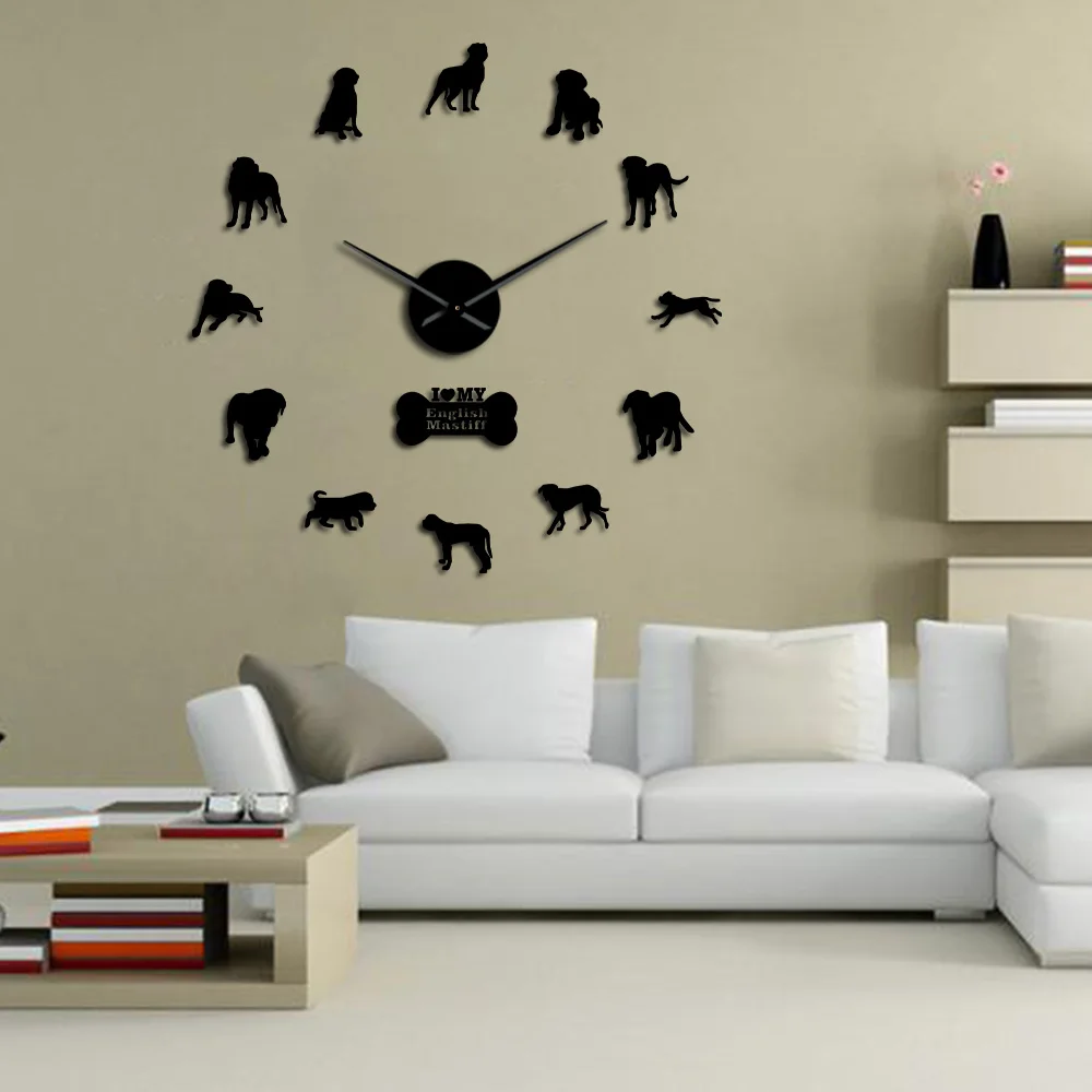 

3D Dog Breed English Mastiff DIY Frameless Giant Silent Wall Clock Old English Mastiff Dog Pet Art Stickers Hanging Timepieces