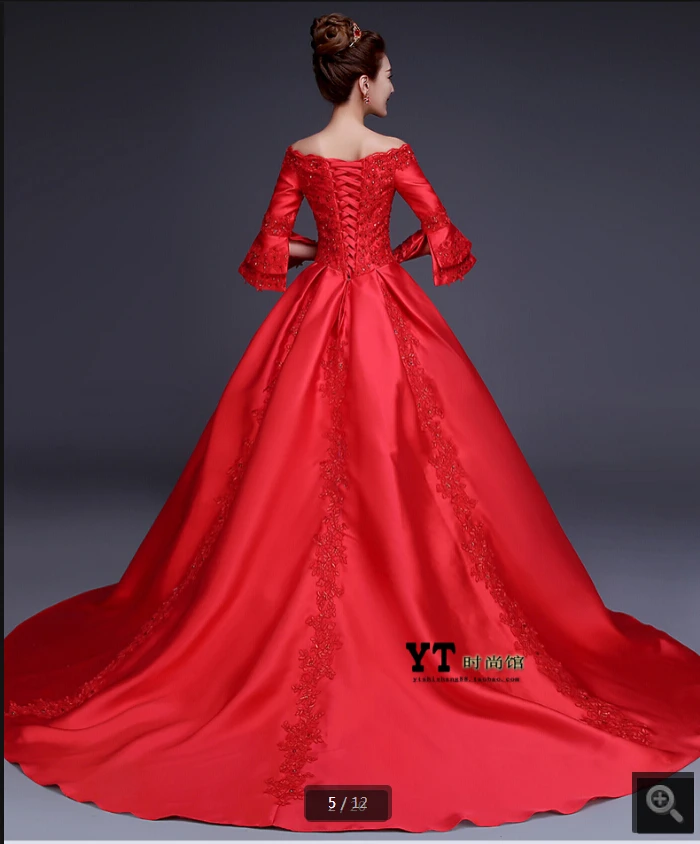 

Real Picture White red satin ball gown wedding dresses 3/4 sleeve lace appliques beaded vintage bride dress scoop neck princess