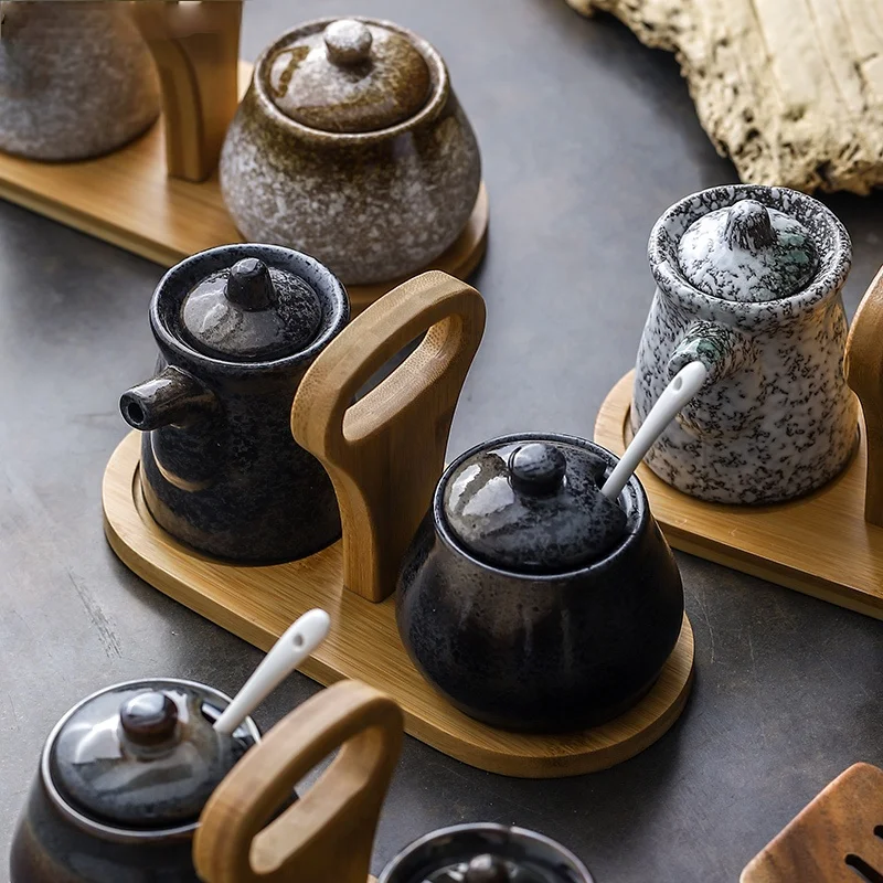 

Japanese Simple Ceramic Storage Seasoning Jar Home Kitchen Supplies Seasoning Box Oil and Salt Jar Kitchen Tools with Lid Spoon
