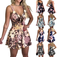 summer jumpsuits women flower print sleeveless beach bohemian rompers sexy sling v neck chest bow lace up loose short playsuits