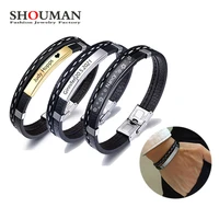 shouman multi layer leather bracelets for men customize engrave name date stainless steel classic personalized bangle gift