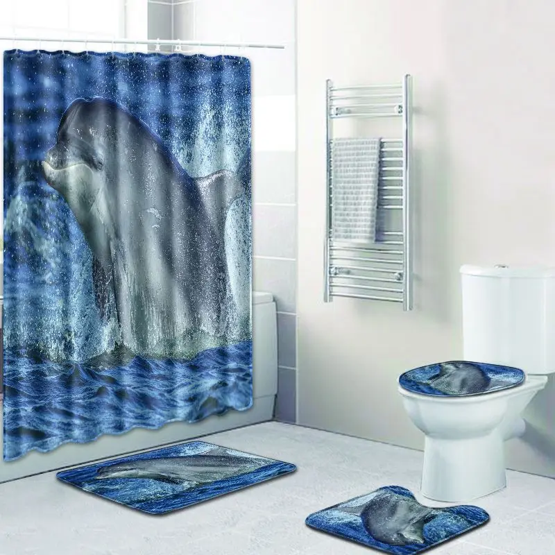 

Zeegle Bathroom Mat Set with Shower Curtain Poyester Pedestal Rug Lid Toilet Cover Toilet U Type Mat Waterproof Shower Curtain