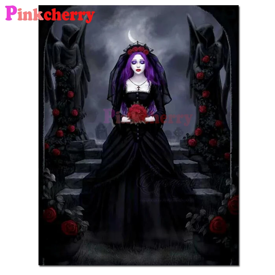 5D Diamond Painting Vampire Girl Roses Full SquareRound Drill Embroidery Red Hair Beauty Cross Stitch DIY Mosaic Home Decoration