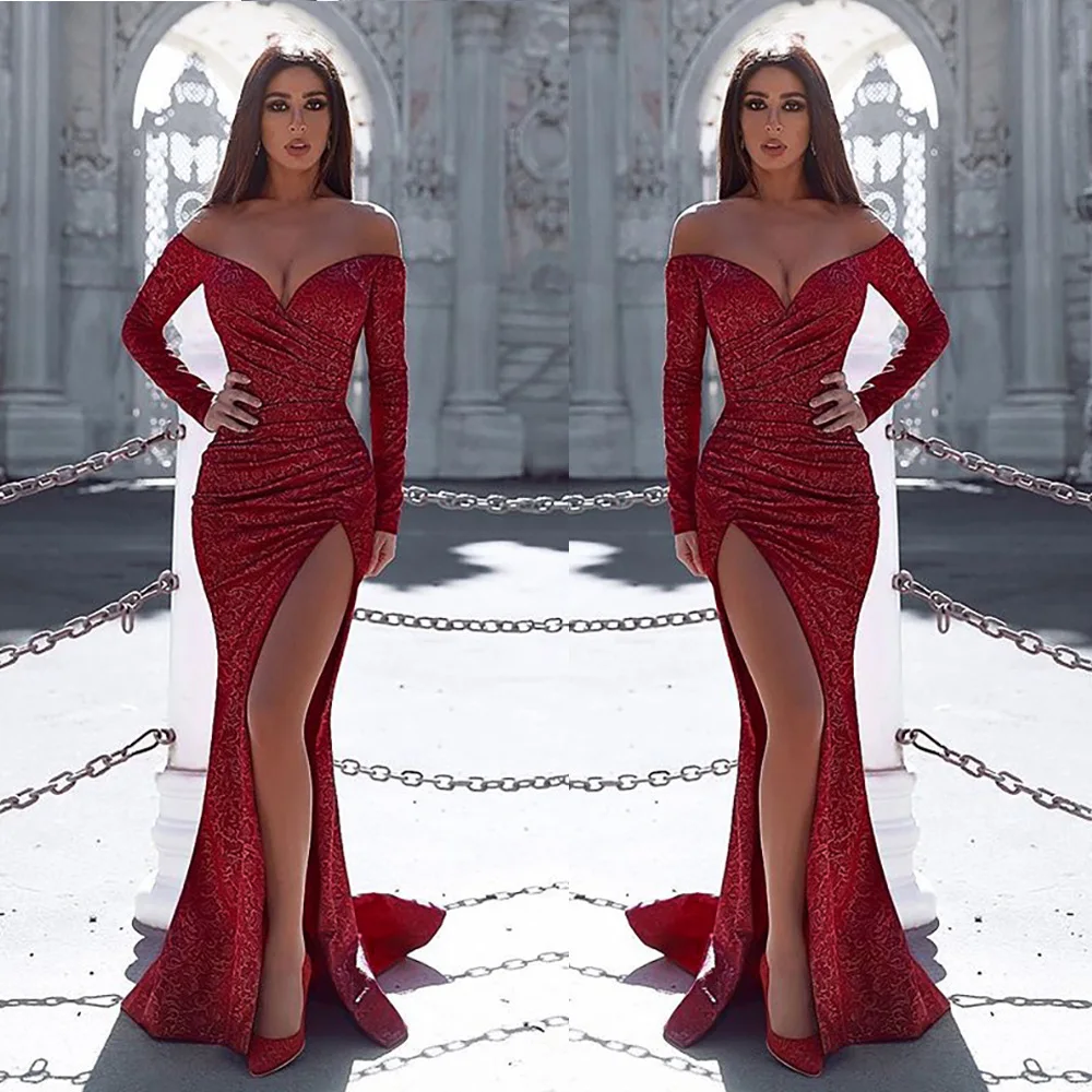 Женское вечернее платье макси с длинным рукавом глубоким v образным вырезом и