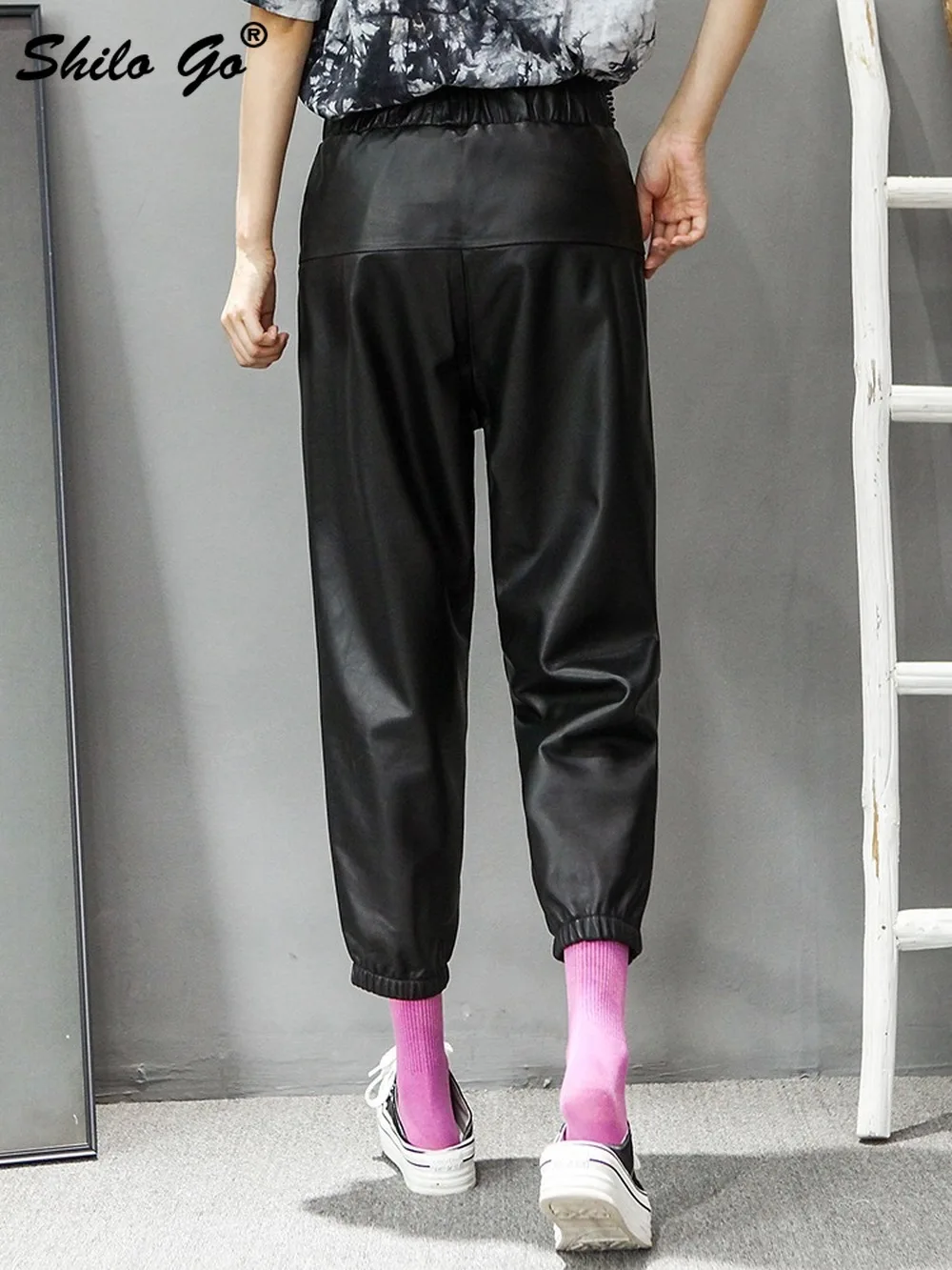 

Drawstring Waist Pants Womens Winter Pockets Front Detail Genuine Leather Carrot Pants Casual Solid Sheepskin Cross Trousers