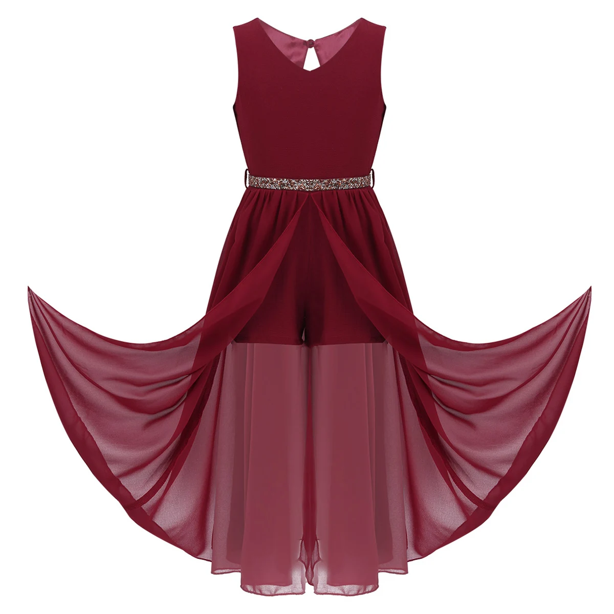 

Flower Girl Dress Kids Sleeveless Romper Maxi Dresses with Sparkly Rhinestone Belt Children Ballet Dance Performance Costumes