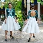 Вечерние платья для выпускного вечера с высоким воротом, выпускное платье трапециевидной формы, вечернее платье для выпускного вечера, три четверти, длиной до колена, атласная аппликация на заказ