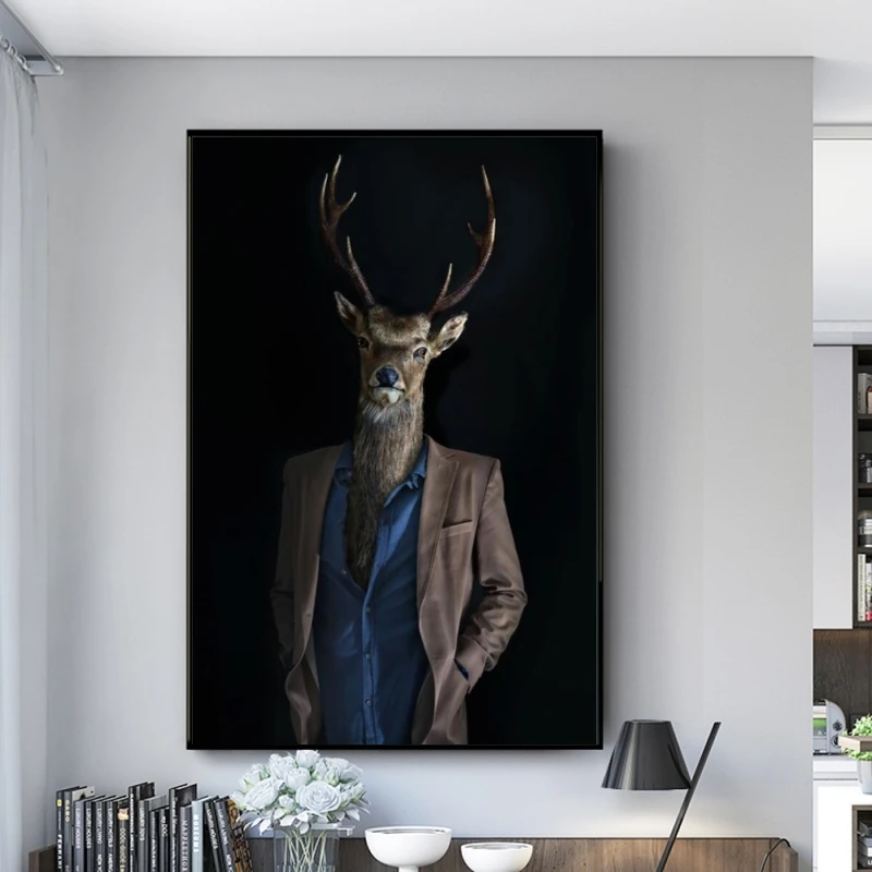 

Black and White Deer In a Suit Wall Art Posters and Prints Gentlemen Animals Canvas Paintings on The Wall for Living Room Decor