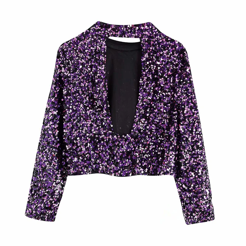 Женская Осенняя Сексуальная Блузка с блестками элегантные рубашки фиолетового