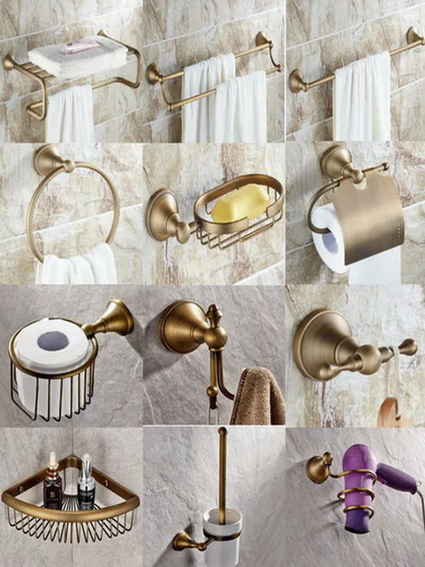 Античная латунная Упаковка аксессуаров для ванной комнаты вешалка полотенец