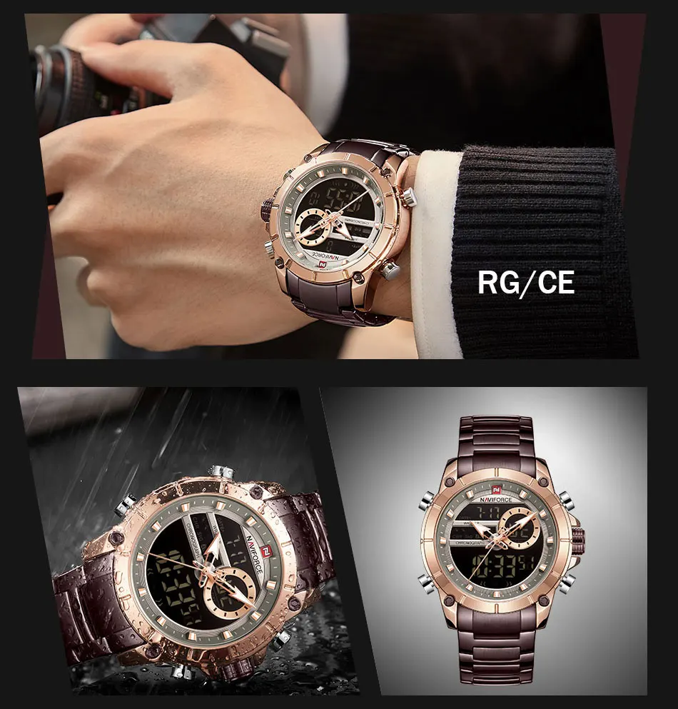NAVIFORCE мужские часы Топ люксовый бренд мужские s Модные Аналоговые цифровой двойной дисплей часы мужские золотые деловые водонепроницаемые наручные часы