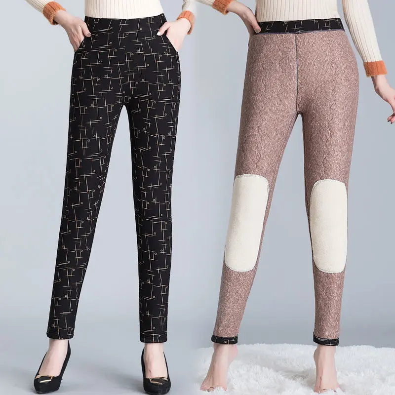 

2021Autumn Winter Women New Velvet Leggings Female High Waist Trousers Lady Flower Print Velvet Pencil Pants K590