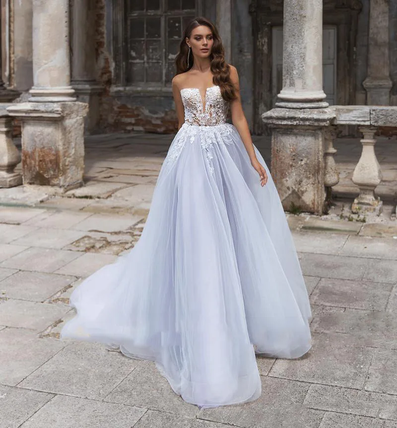 LORIE 2020 свадебное платье из голубого тюля в стиле бохо без рукавов с кружевной