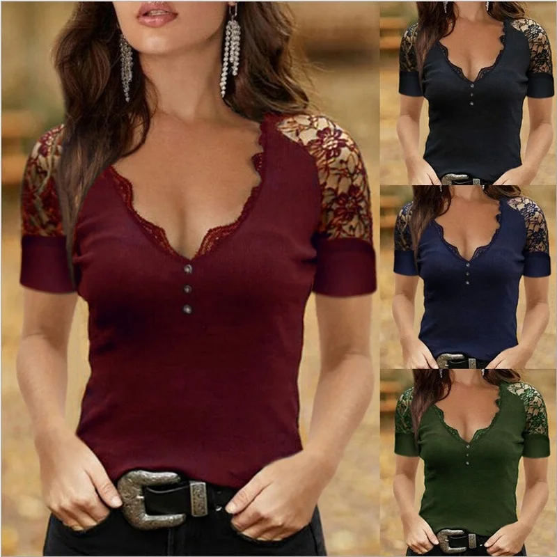 

Lugentolo Sexy Tops Women Summer Deep V Lace Collar Short-sleeved T-shirt Slim Tshirts for Women