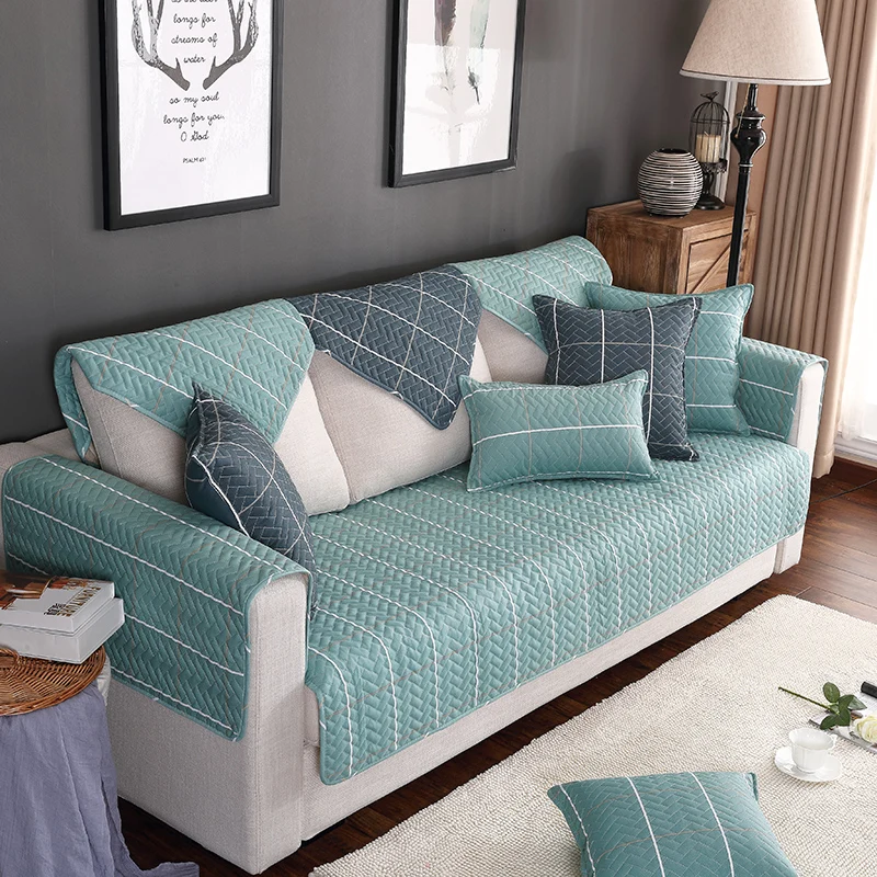 Чехол для дивана в клетку нескользящее хлопковое бежевое полотенце с простым