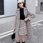 Женский твидовый костюм в клетку, элегантный двубортный длинный шерстяной пиджак и юбка мини, Осень-зима 2020