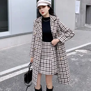Женский твидовый костюм в клетку, элегантный двубортный длинный шерстяной пиджак и юбка мини, Осень-зима 2020
