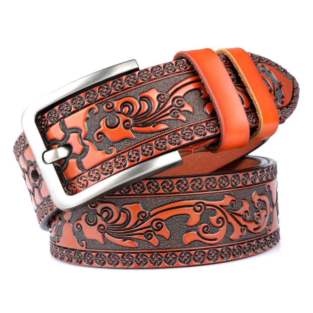 

New Genuine Leather Belts for Men Designer Belt Male Leaf Dragon Printed Vintage Pin Buckle Luxury Strap Fashion High Quality