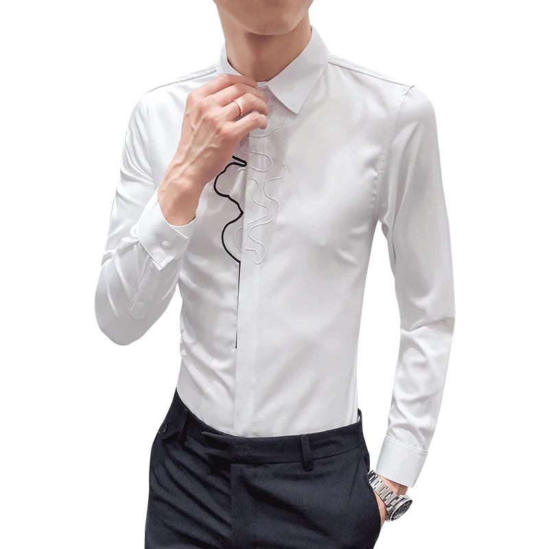 

British Style Front Embroidery Long Sleeve Men Tuxedo Shirt Black/White Night Club/Prom Slim Fit Casual Blouse Homme Formal Wear