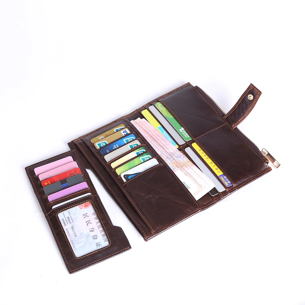 

Sale Mens Vintage Brown Genuine Long Leather Bifold Flip Out Id Wallet Interior Zipper Pocket Large-capacity Card Storage Wallet